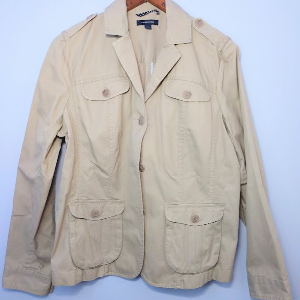 Lands' End Utility Jacket Cotton Women's Size Small Khaki Safari Flap Pockets